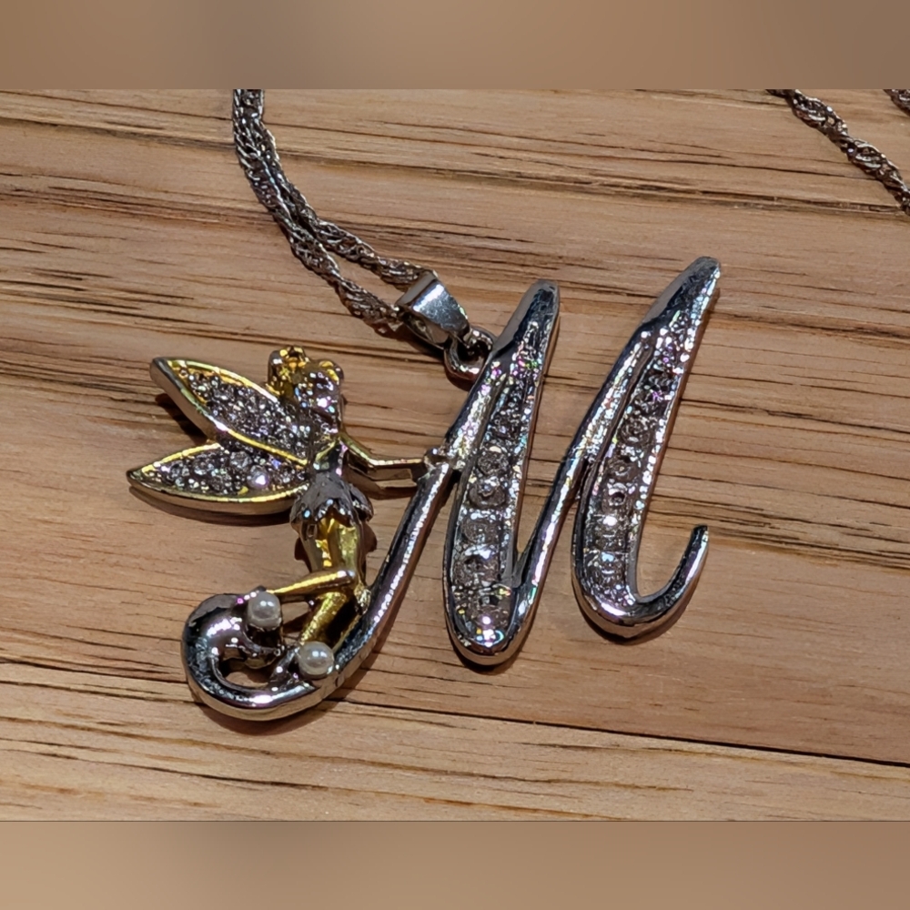 Tinkerbell M Initial Pendant Necklace in Silver and Gold